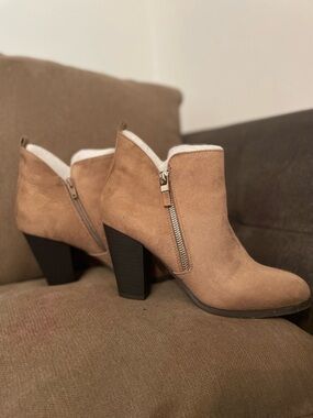 Call It Spring Tan Suede Block Heel Ankle Booties with Side Zip